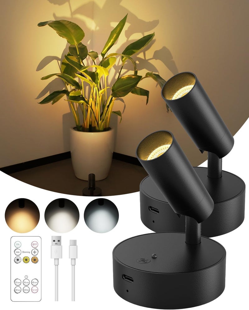 GOODEA Spotlights Indoor with Remote, 3000mAh Rechargeable Battery Plant Spotlight Indoor, Wireless Uplighting with 3 Colors & Dimmable, LED Picture Light for Painting, Artwork Accent Lighting(2 Pack) - Image 1